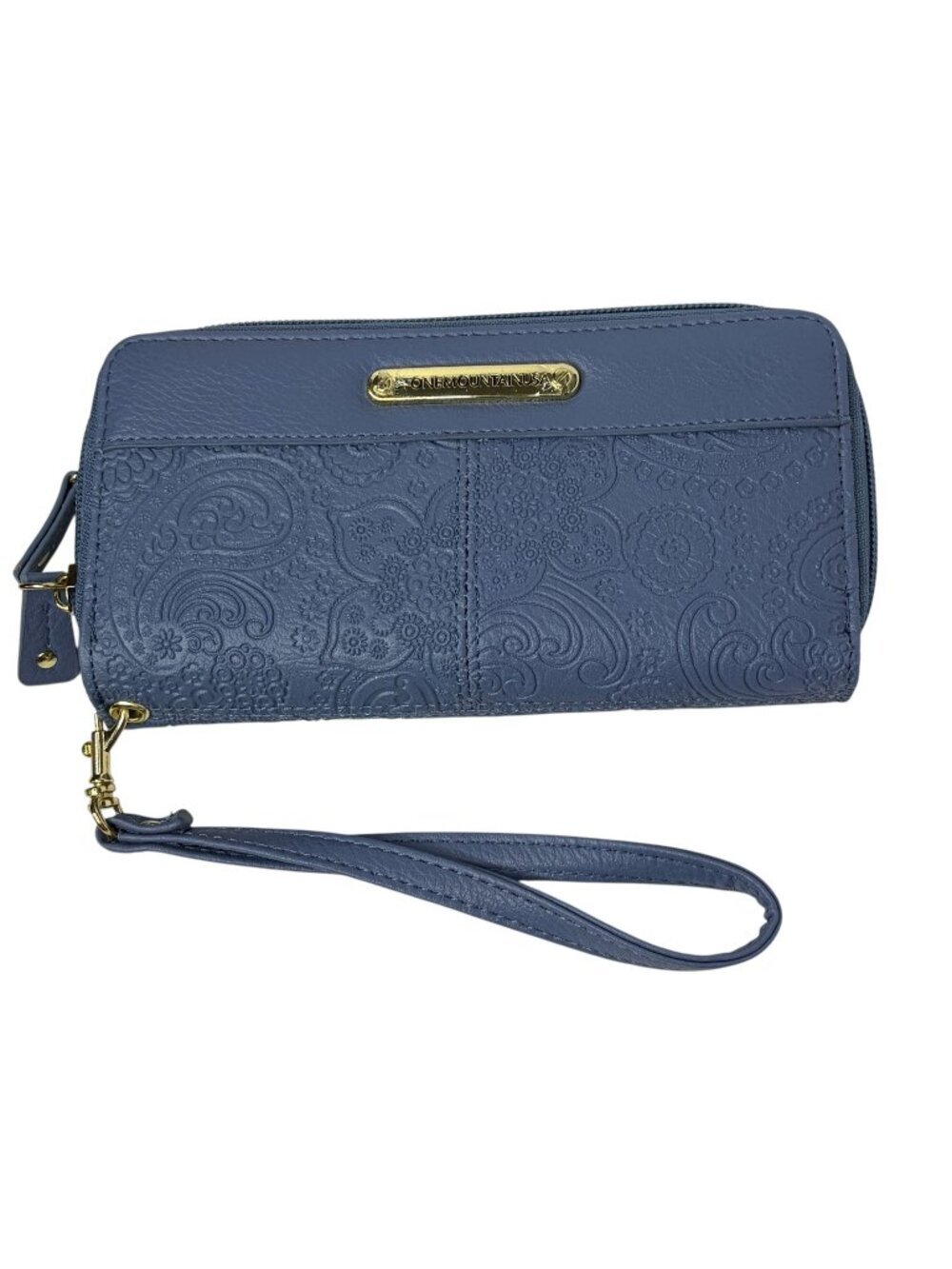 Stone Mountain USA Blue Embossed Paisley Wristlet Wallet Around Zip Clutch Organ